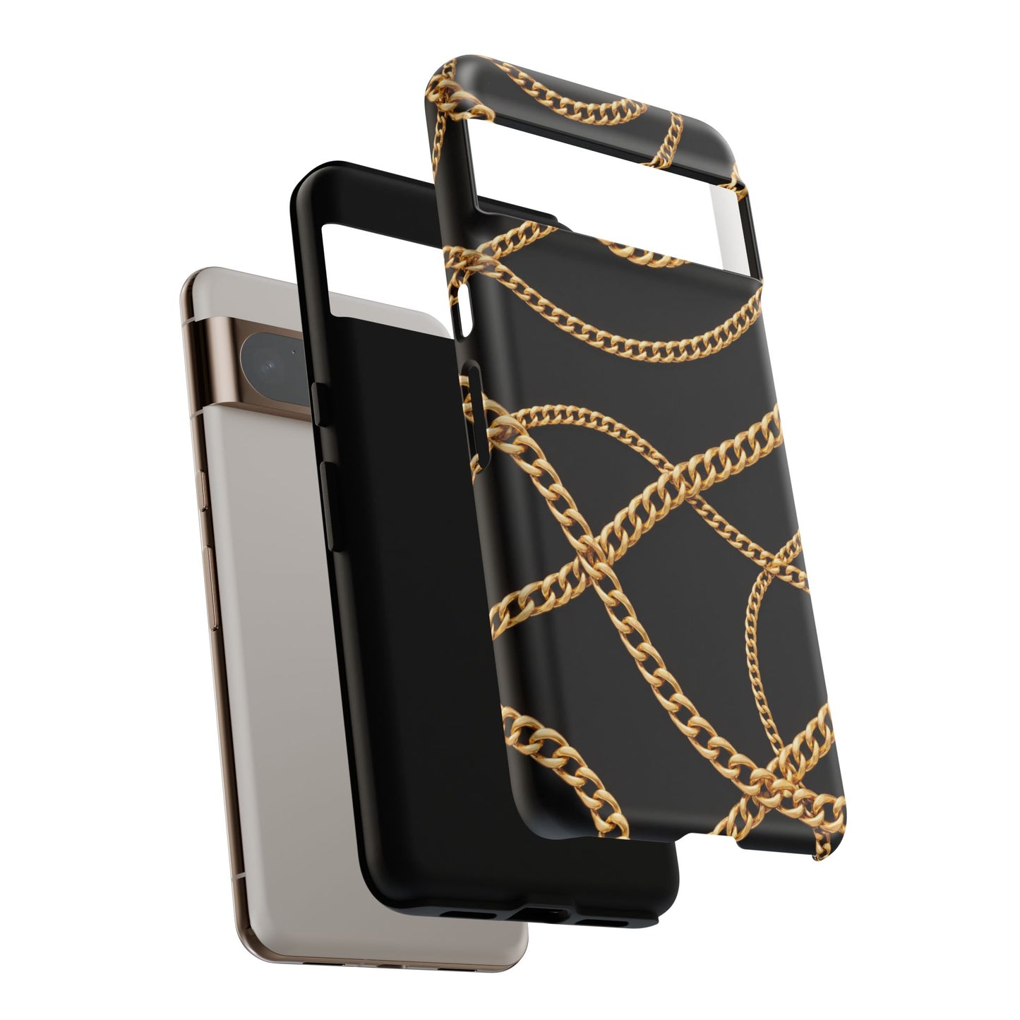 Luxury Gold Chain Phone Case – Black Designer Style Tough Protective Cover for Iphone, Samsung Galaxy and Pixel