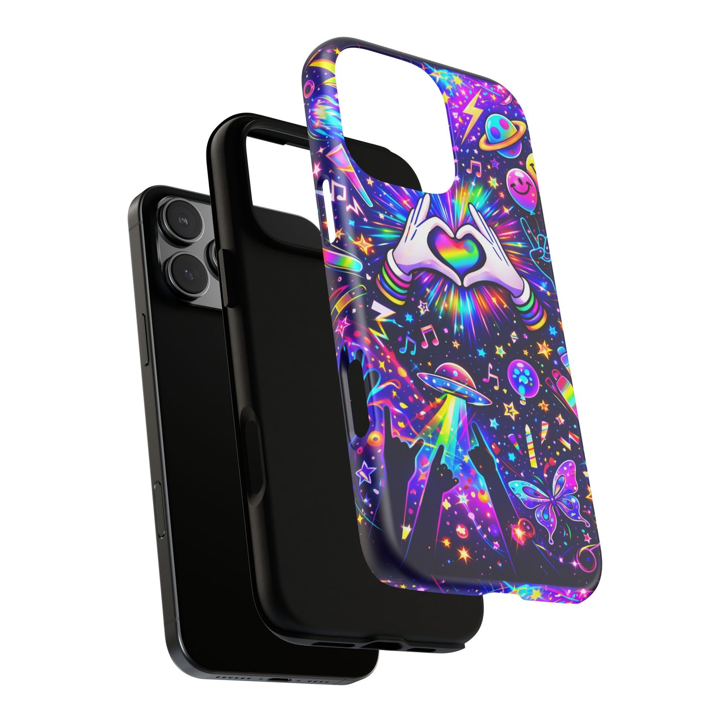 Rainbow Heart Hands Phone Case – Neon Galaxy EDM Festival Tough Cover