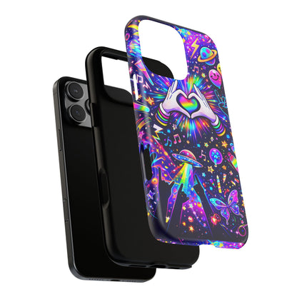 Rainbow Heart Hands Phone Case – Neon Galaxy EDM Festival Tough Cover