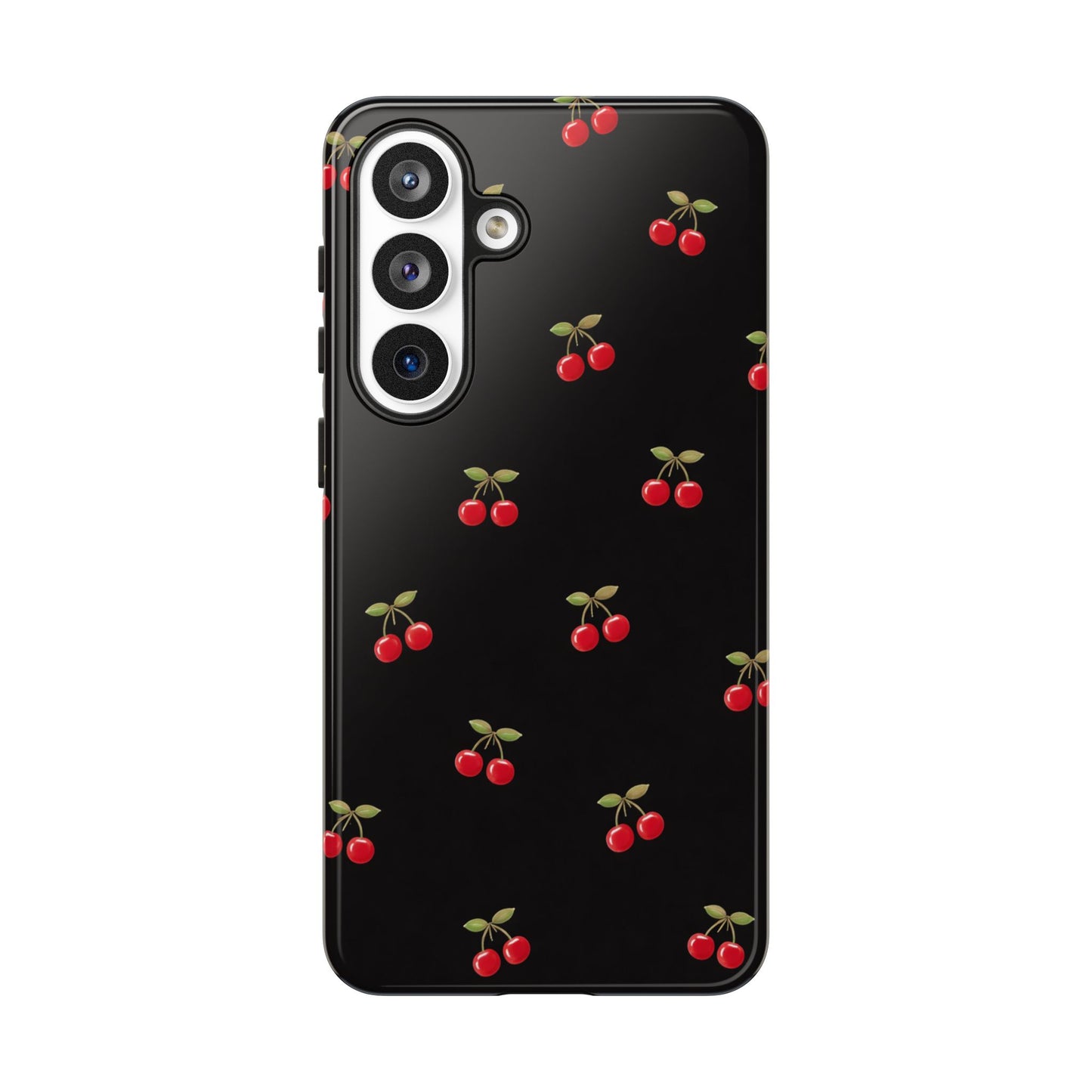 Cherry Pattern Phone Case — Slim Black Protective iPhone Case with Red Cherries for Iphone, Samsung Galaxy and Pixel