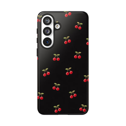 Cherry Pattern Phone Case — Slim Black Protective iPhone Case with Red Cherries for Iphone, Samsung Galaxy and Pixel