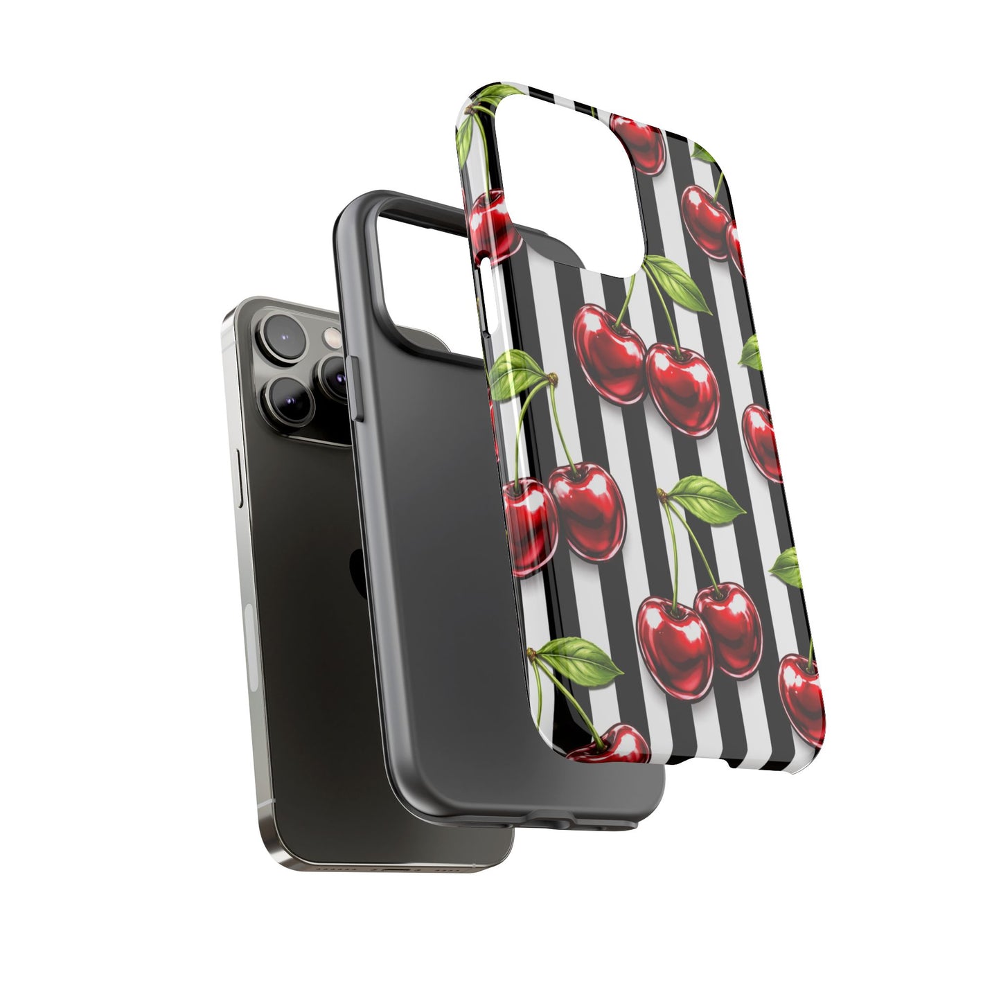 Cherry Pattern Phone Case Black White Stripe Retro Aesthetic Tough Cover