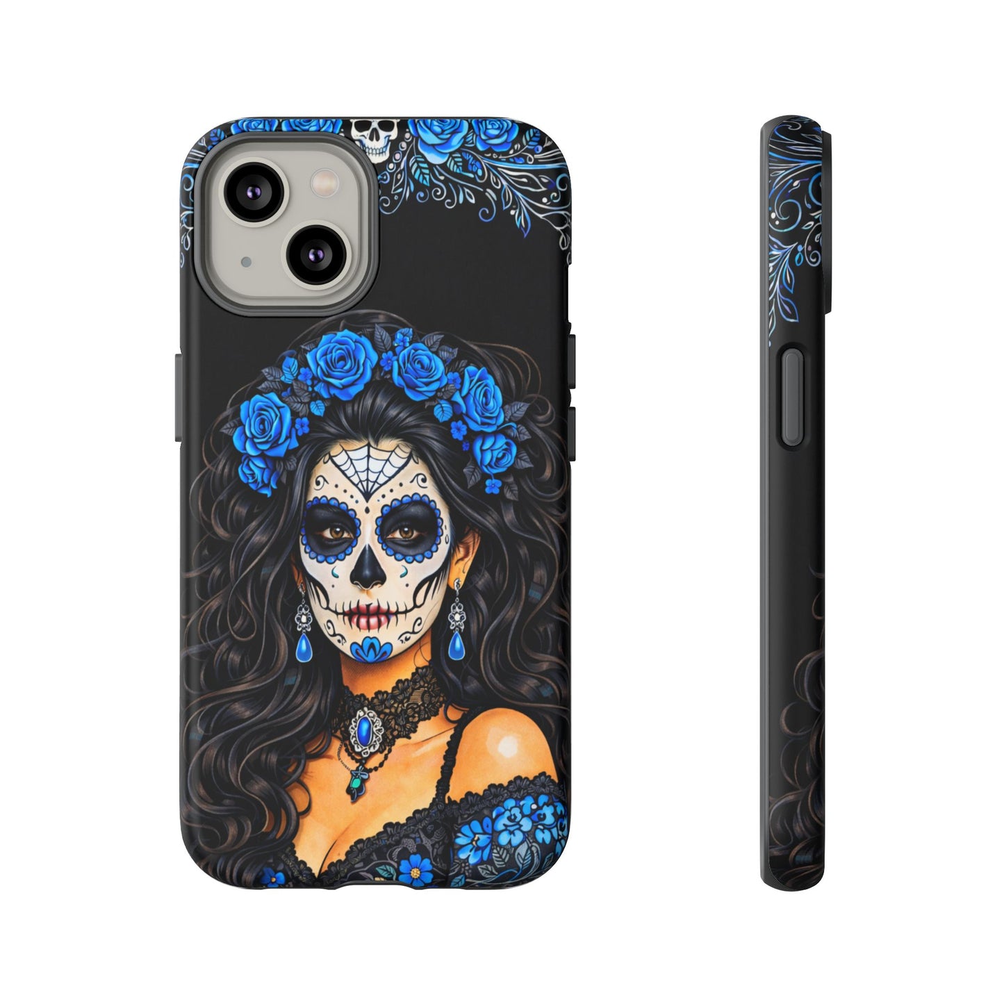 Blue Sugar Skull Woman Phone Case – Day of the Dead Aesthetic Tough Cover