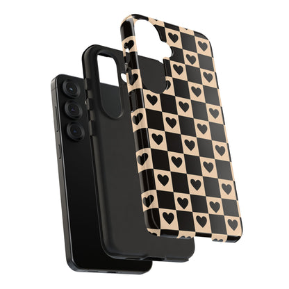 Checkerboard Heart Phone Case – Black & Beige Cute Aesthetic Protective Cover for Iphone, Samsung Galaxy and Pixel