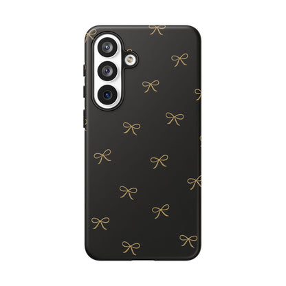 Black Phone Case with Gold Bow Pattern – Slim Protective Cute Aesthetic Cover for Iphone, Samsung Galaxy and Pixel