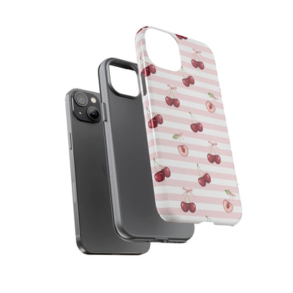 Pink Cherry Stripe Phone Case | Cute Coquette Aesthetic Protective Tough Case
