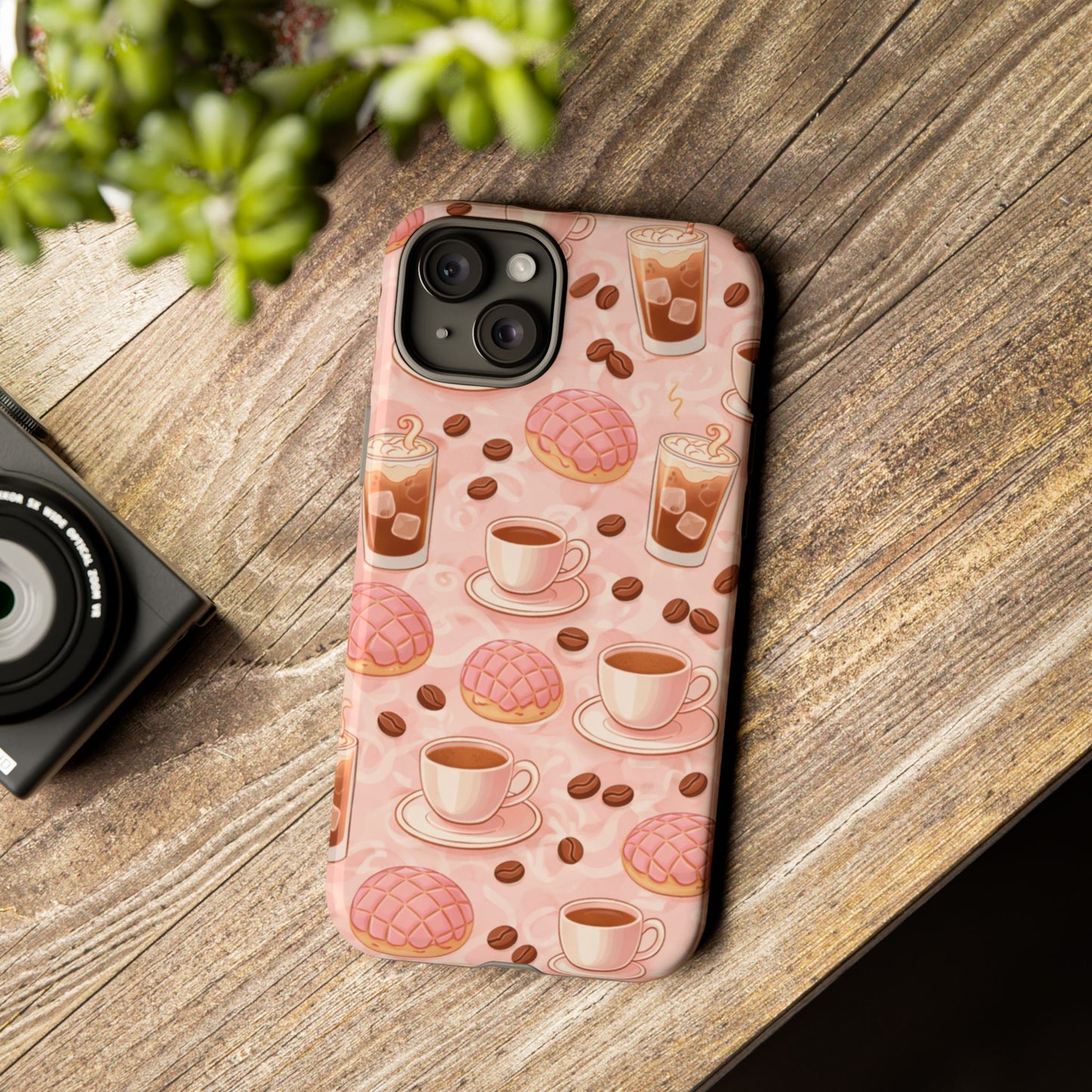 Cute Coffee & Pink Concha Phone Case – Coffee Lover Aesthetic Latte Pattern Tough Case