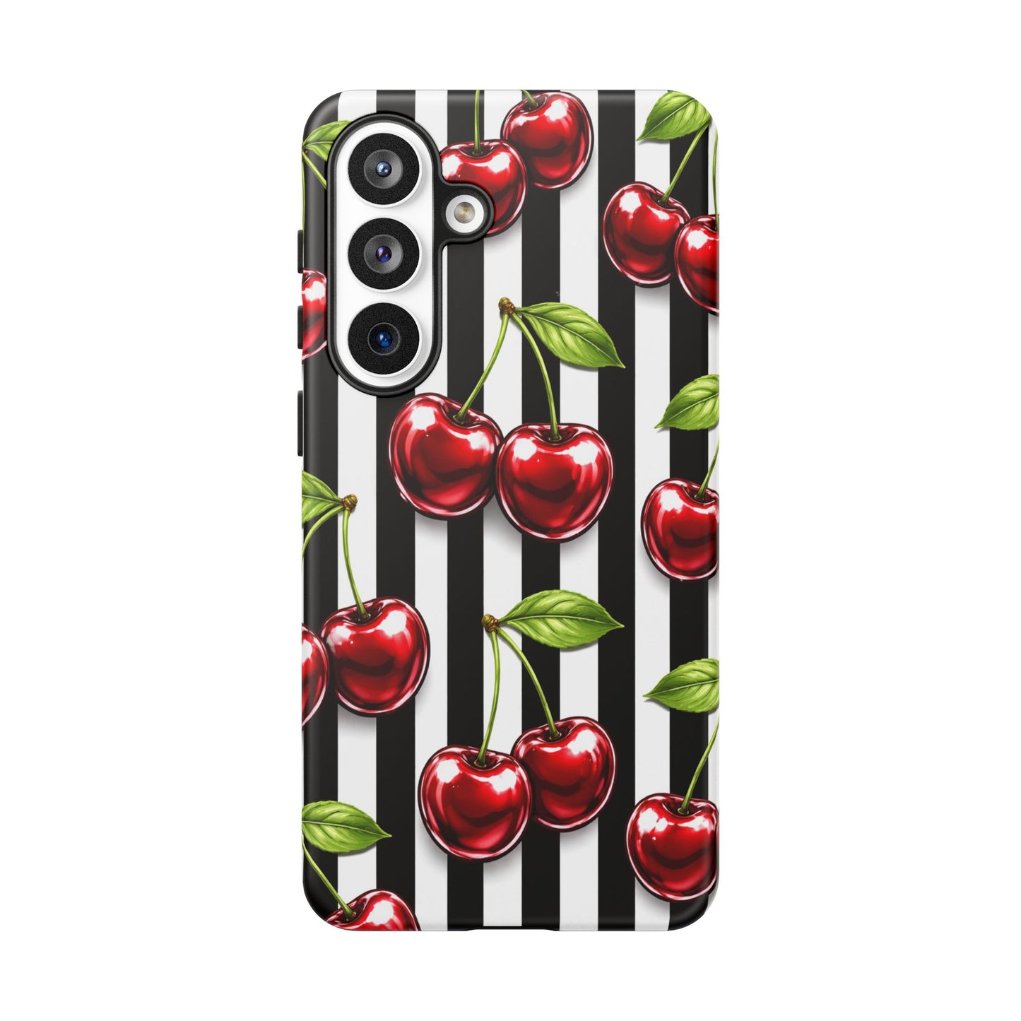 Cherry Pattern Phone Case Black White Stripe Retro Aesthetic Tough Cover