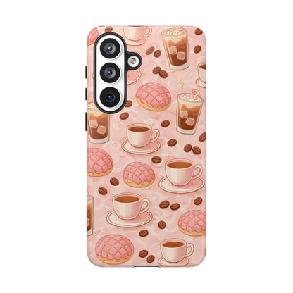 Cute Coffee & Pink Concha Phone Case – Coffee Lover Aesthetic Latte Pattern Tough Case