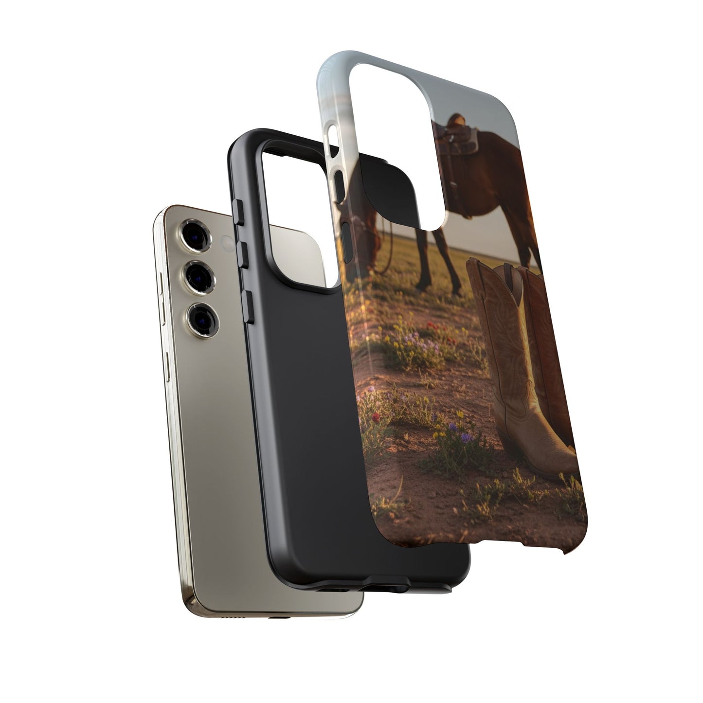 Western Cowboy Boots Phone Case – Rustic Horse Sunset Tough Case (iPhone, Samsung, Pixel)