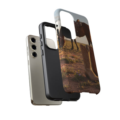 Western Cowboy Boots Phone Case – Rustic Horse Sunset Tough Case (iPhone, Samsung, Pixel)