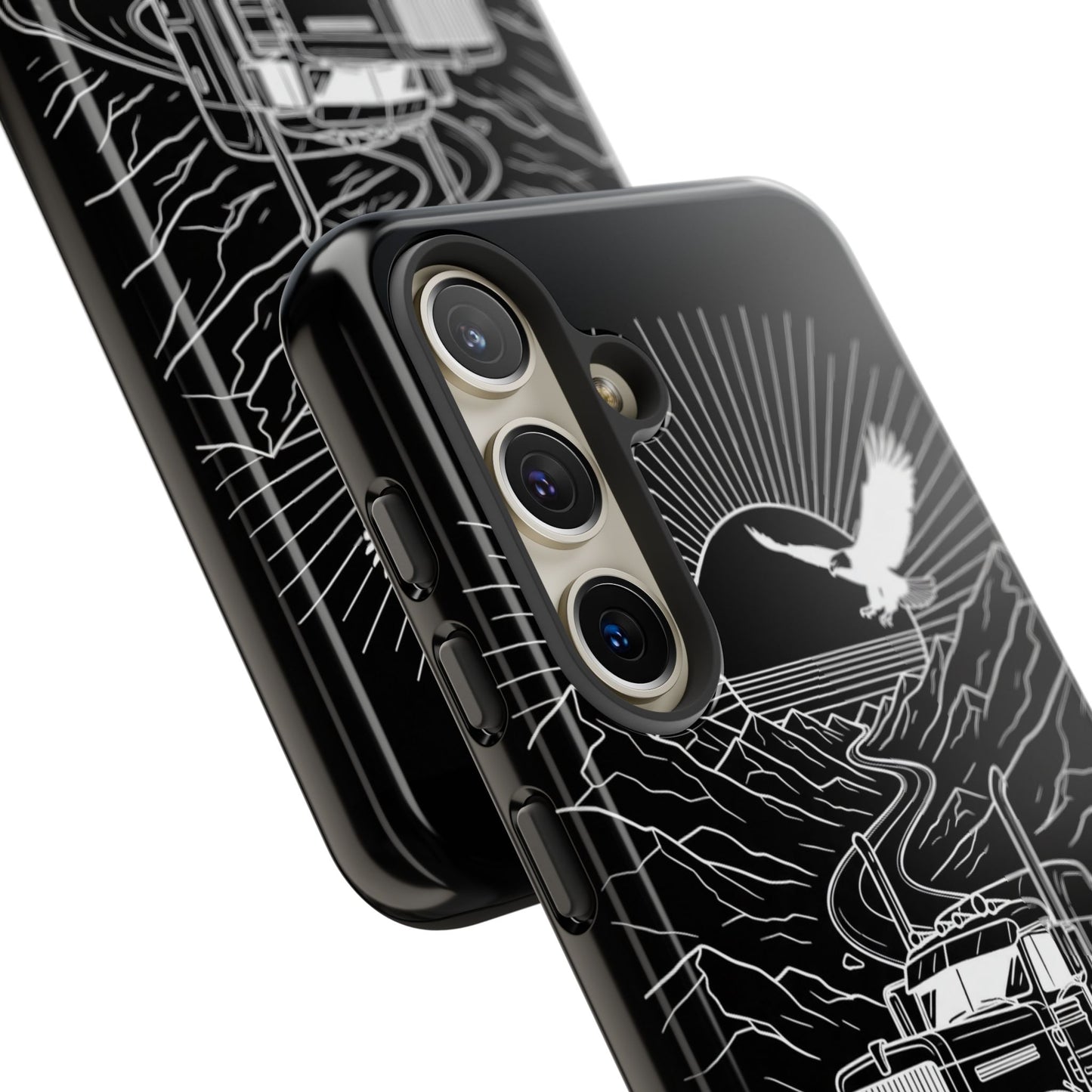Trucker Highway Phone Case | Eagle & Mountain Line Art | Black Western Tough Case