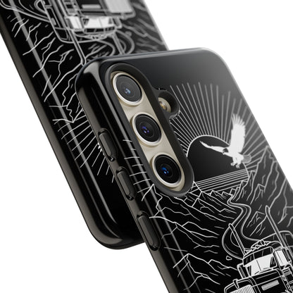 Trucker Highway Phone Case | Eagle & Mountain Line Art | Black Western Tough Case