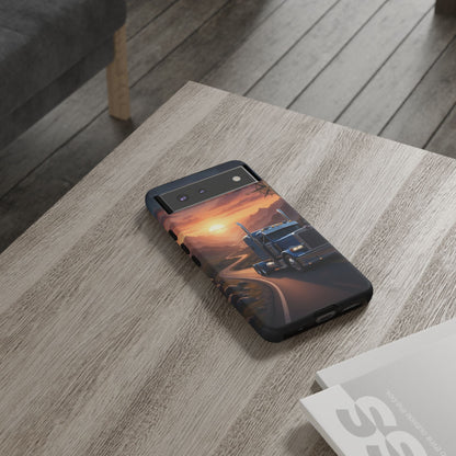 Semi Truck Sunset Phone Case | Trucker Gift | Diesel Truck Highway Road iPhone & Samsung Tough Protective Case