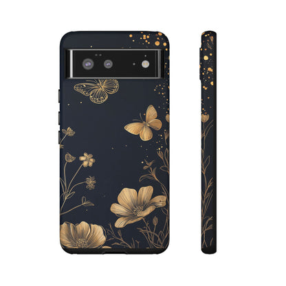 Gold Floral Butterfly Phone Case, Dark Aesthetic Botanical, Elegant Black Luxury iPhone Samsung Cover