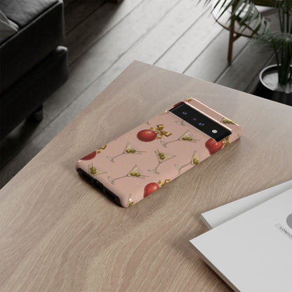 Cocktail Ornament Phone Case – Pink Martini & Cherry Pattern | Glossy or Matte for Iphone, Samsung Galaxy and Pixel