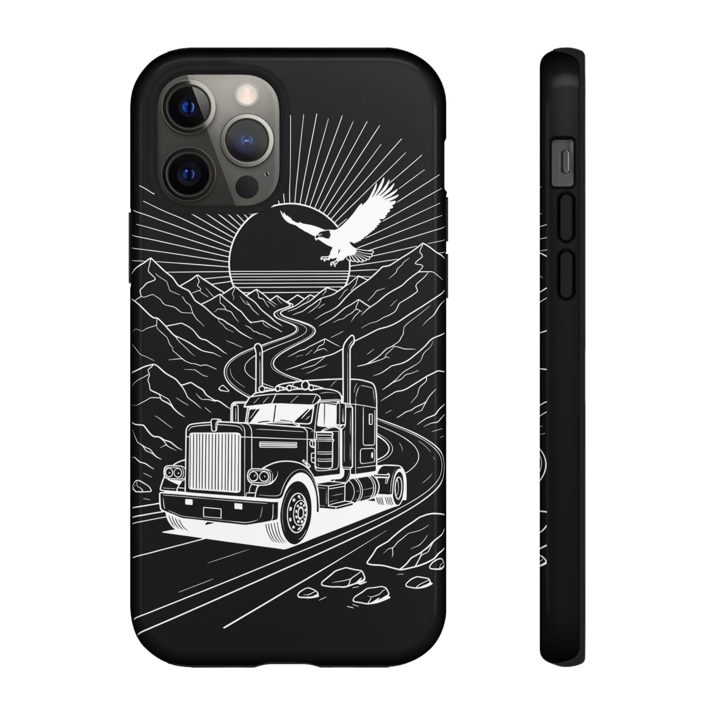 Trucker Highway Phone Case | Eagle & Mountain Line Art | Black Western Tough Case