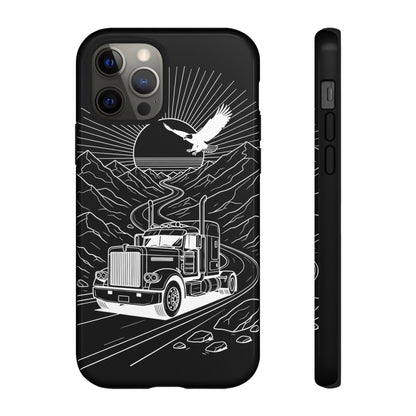 Trucker Highway Phone Case | Eagle & Mountain Line Art | Black Western Tough Case