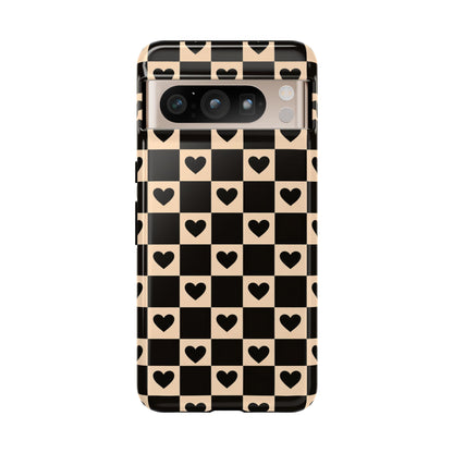Checkerboard Heart Phone Case – Black & Beige Cute Aesthetic Protective Cover for Iphone, Samsung Galaxy and Pixel