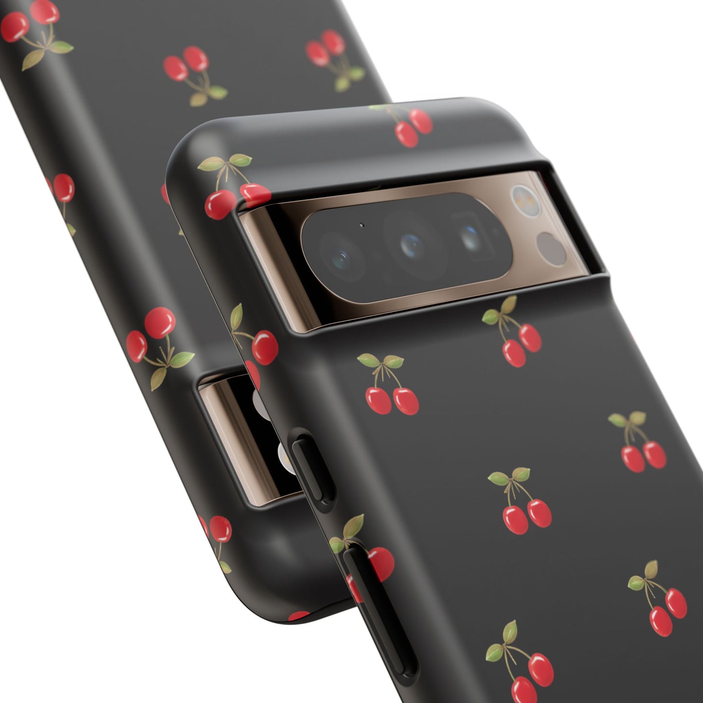 Cherry Pattern Phone Case — Slim Black Protective iPhone Case with Red Cherries for Iphone, Samsung Galaxy and Pixel