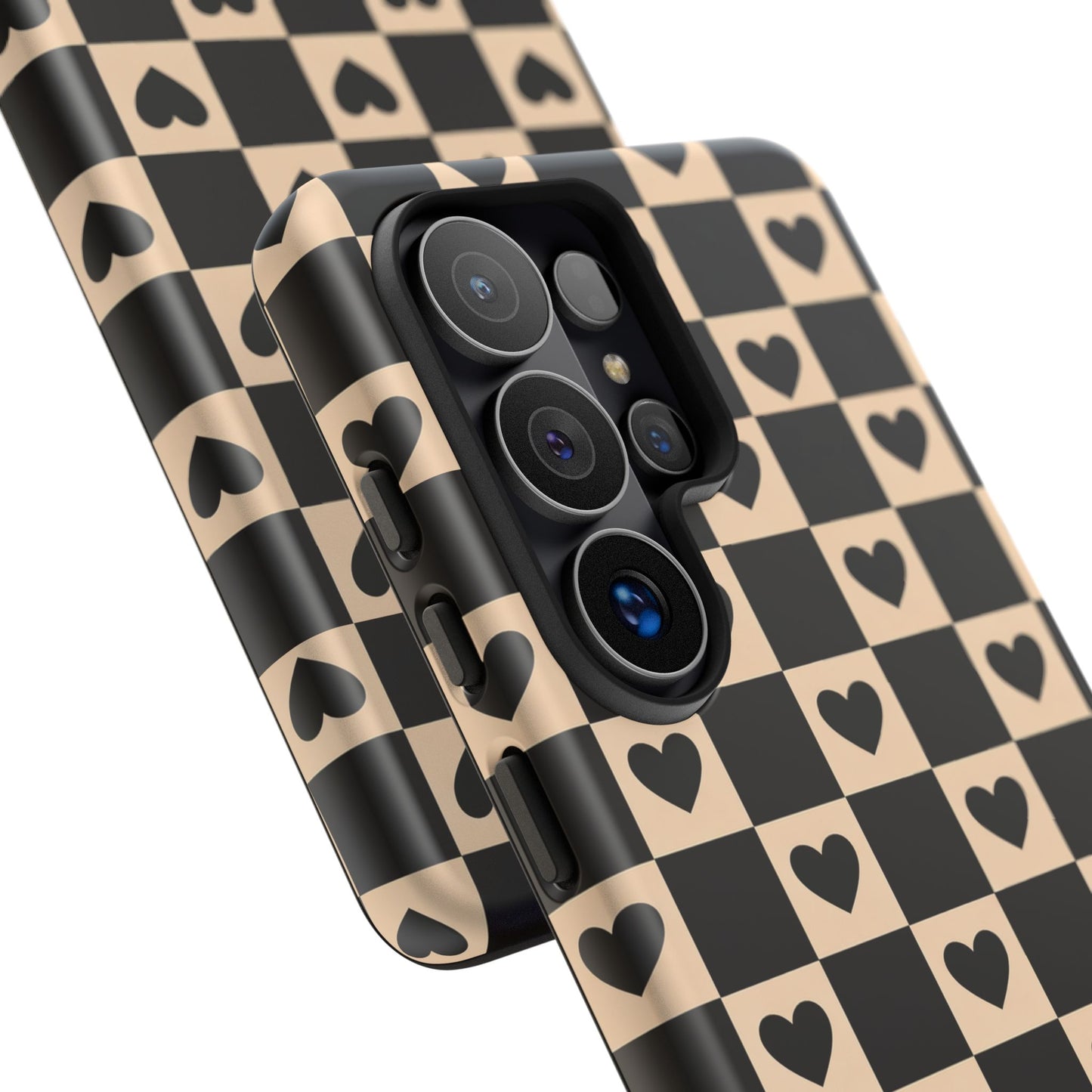 Checkerboard Heart Phone Case – Black & Beige Cute Aesthetic Protective Cover for Iphone, Samsung Galaxy and Pixel