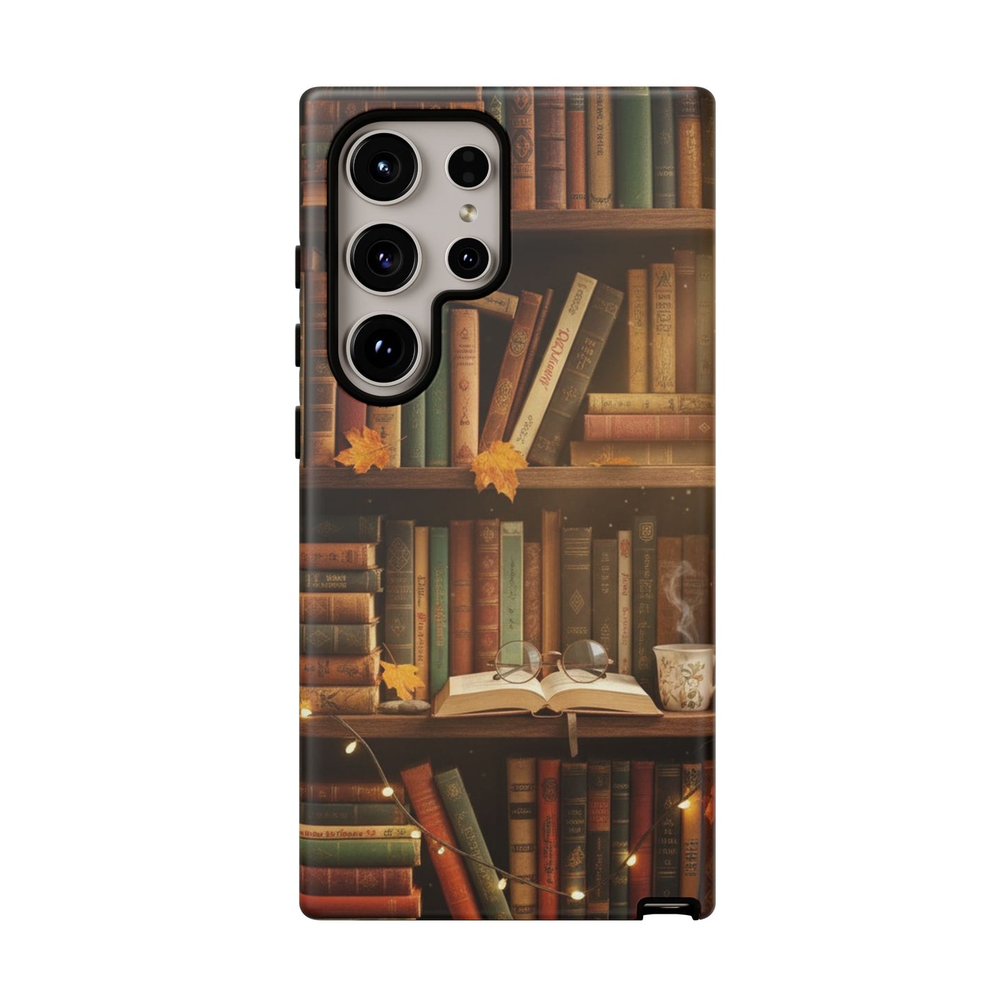 Cozy Vintage Bookshelf Phone Case, Library Aesthetic Book Stack, Autumn Coffee Vibes (iPhone, Samsung, Pixel)