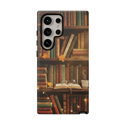Cozy Vintage Bookshelf Phone Case, Library Aesthetic Book Stack, Autumn Coffee Vibes (iPhone, Samsung, Pixel)