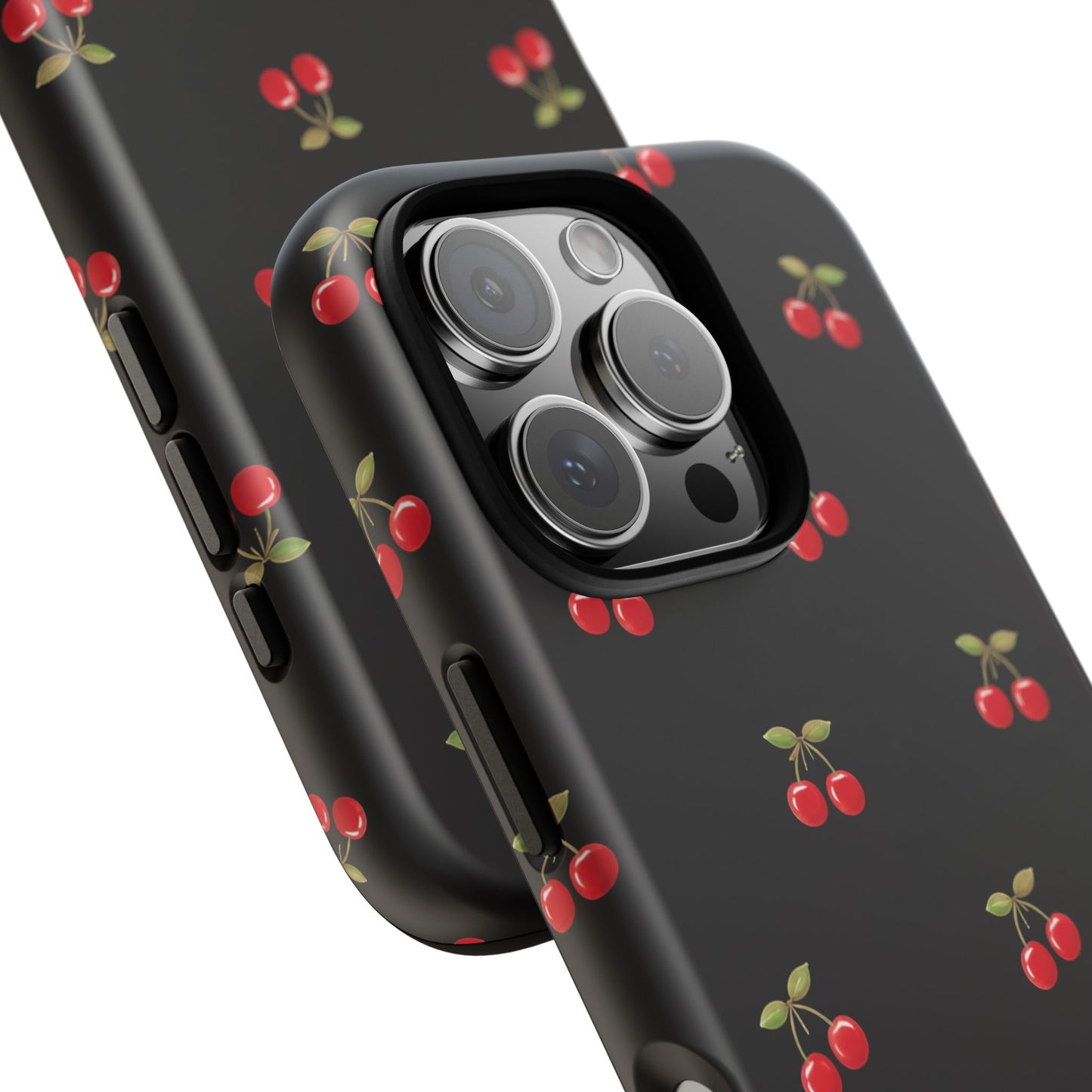 Cherry Pattern Phone Case — Slim Black Protective iPhone Case with Red Cherries for Iphone, Samsung Galaxy and Pixel
