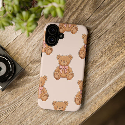 Teddy Bear Phone Case | Cute Coquette Aesthetic Pink Bear Pattern Case | Kawaii Soft Girl iPhone & Samsung Tough Protective Case