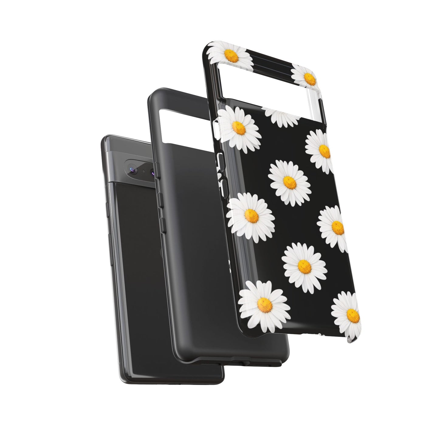 Black Daisy Floral Tough Phone Case – Cute Protective Cover for Iphone, Samsung Galaxy and Pixel