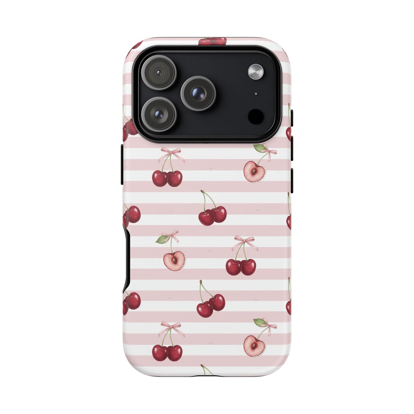 Pink Cherry Stripe Phone Case | Cute Coquette Aesthetic Protective Tough Case