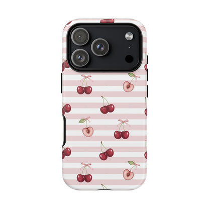 Pink Cherry Stripe Phone Case | Cute Coquette Aesthetic Protective Tough Case