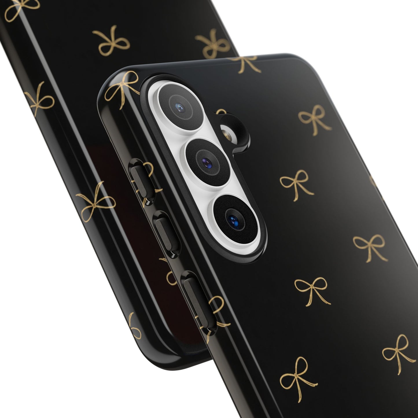 Black Phone Case with Gold Bow Pattern – Slim Protective Cute Aesthetic Cover for Iphone, Samsung Galaxy and Pixel