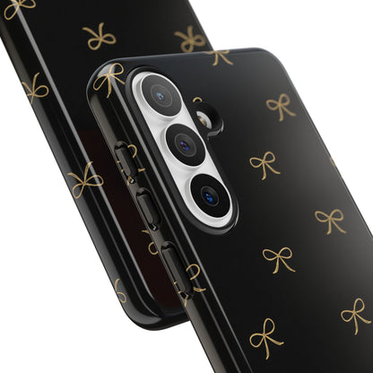 Black Phone Case with Gold Bow Pattern – Slim Protective Cute Aesthetic Cover for Iphone, Samsung Galaxy and Pixel
