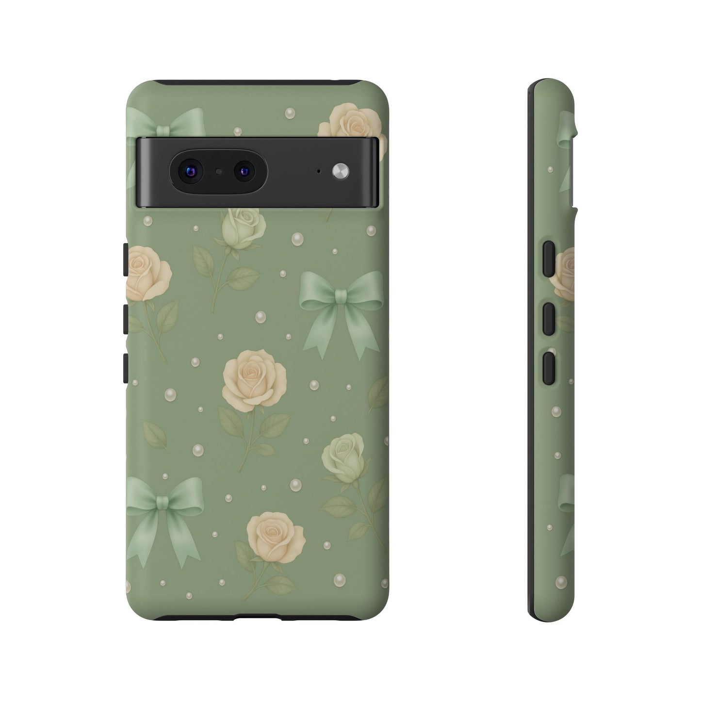 Vintage Rose Bow Phone Case – Sage Green Floral Coquette Aesthetic Tough Case (iPhone, Samsung, Pixel)