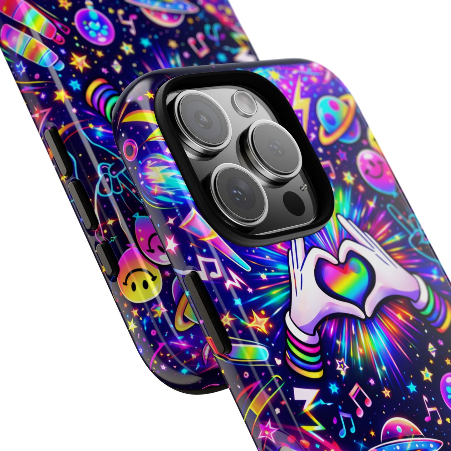Rainbow Heart Hands Phone Case – Neon Galaxy EDM Festival Tough Cover