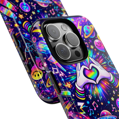 Rainbow Heart Hands Phone Case – Neon Galaxy EDM Festival Tough Cover
