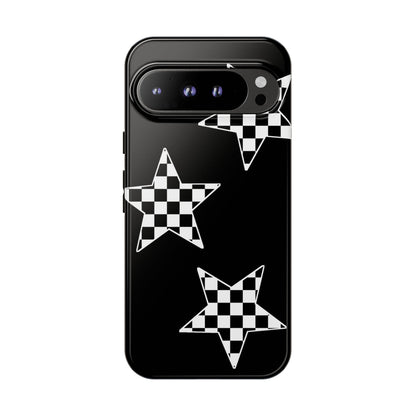 Checkered Star Tough Phone Case – Black Retro Graphic Protective Cover for Iphone, Samsung Galaxy and Pixel