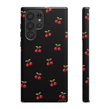 Cherry Pattern Phone Case — Slim Black Protective iPhone Case with Red Cherries for Iphone, Samsung Galaxy and Pixel
