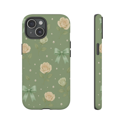 Vintage Rose Bow Phone Case – Sage Green Floral Coquette Aesthetic Tough Case (iPhone, Samsung, Pixel)