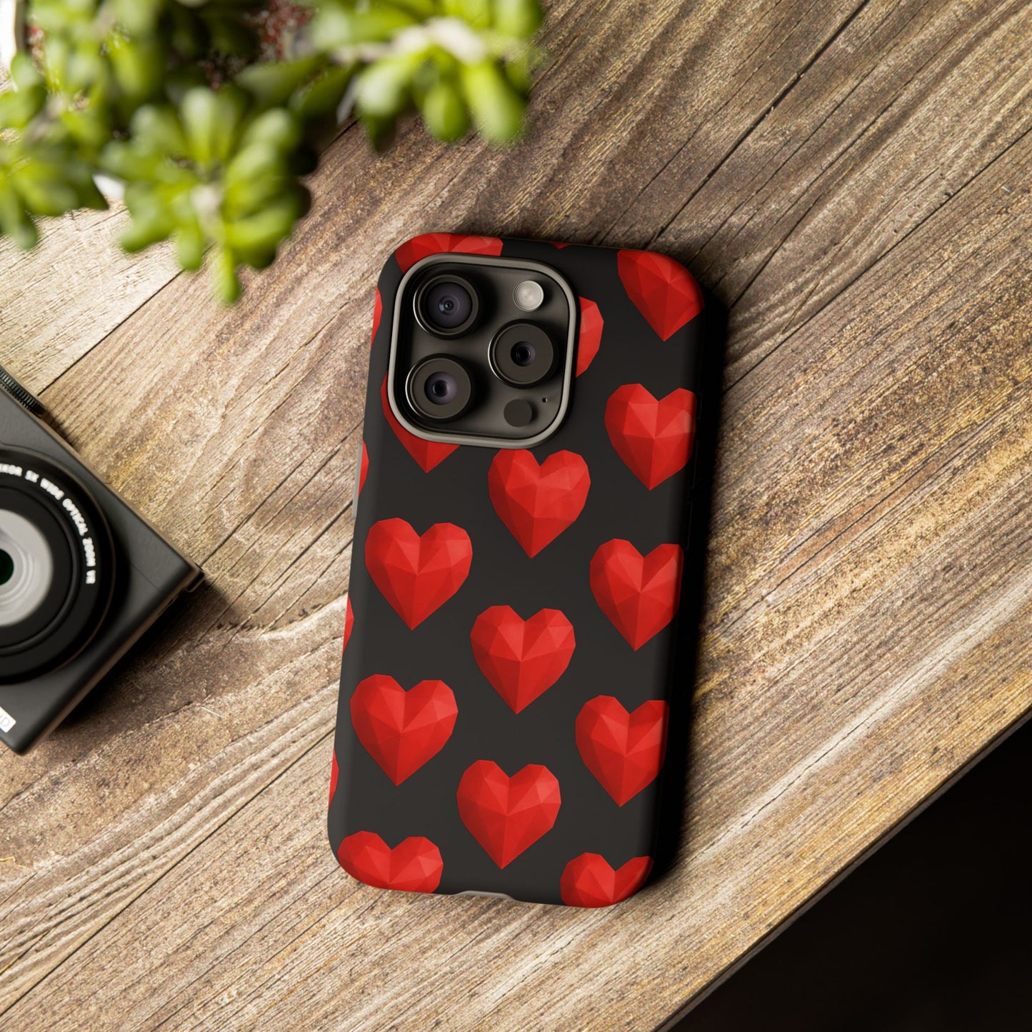 Red Heart Phone Case – Geometric Heart Pattern Tough Case (Black)