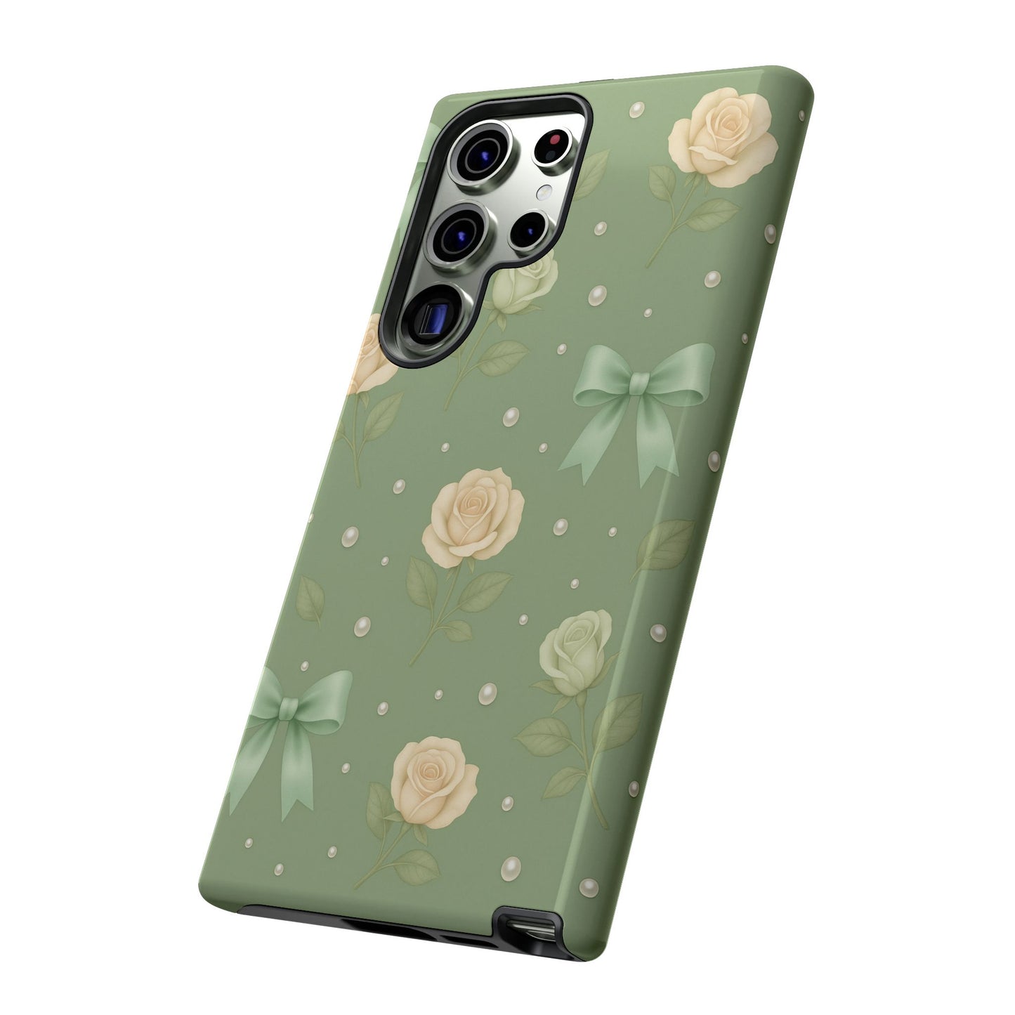Vintage Rose Bow Phone Case – Sage Green Floral Coquette Aesthetic Tough Case (iPhone, Samsung, Pixel)
