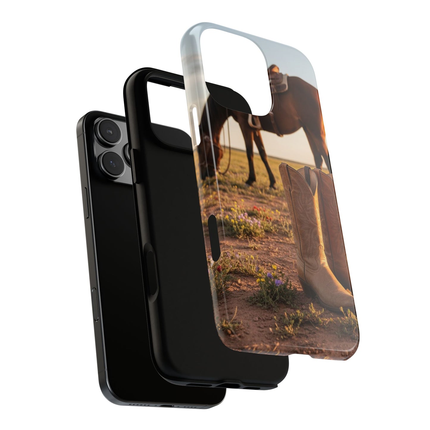 Western Cowboy Boots Phone Case – Rustic Horse Sunset Tough Case (iPhone, Samsung, Pixel)