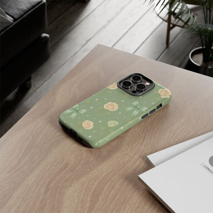 Vintage Rose Bow Phone Case – Sage Green Floral Coquette Aesthetic Tough Case (iPhone, Samsung, Pixel)