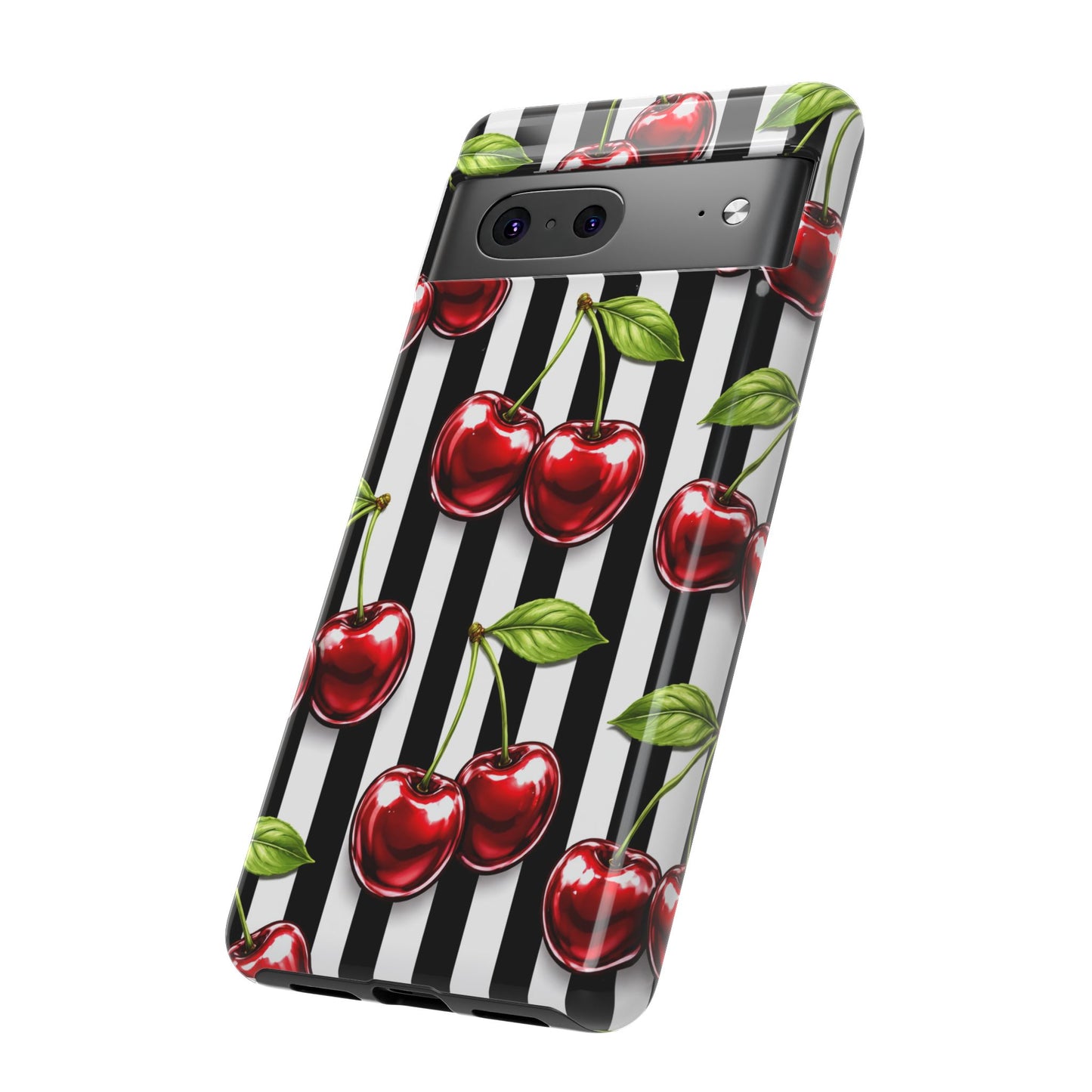 Cherry Pattern Phone Case Black White Stripe Retro Aesthetic Tough Cover