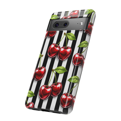 Cherry Pattern Phone Case Black White Stripe Retro Aesthetic Tough Cover