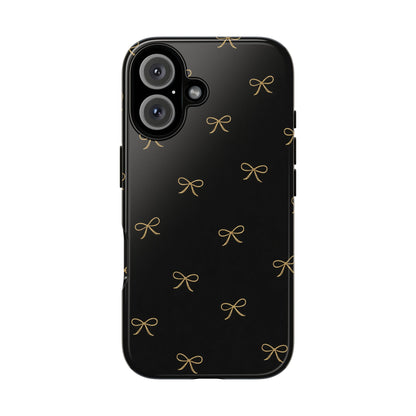 Black Phone Case with Gold Bow Pattern – Slim Protective Cute Aesthetic Cover for Iphone, Samsung Galaxy and Pixel