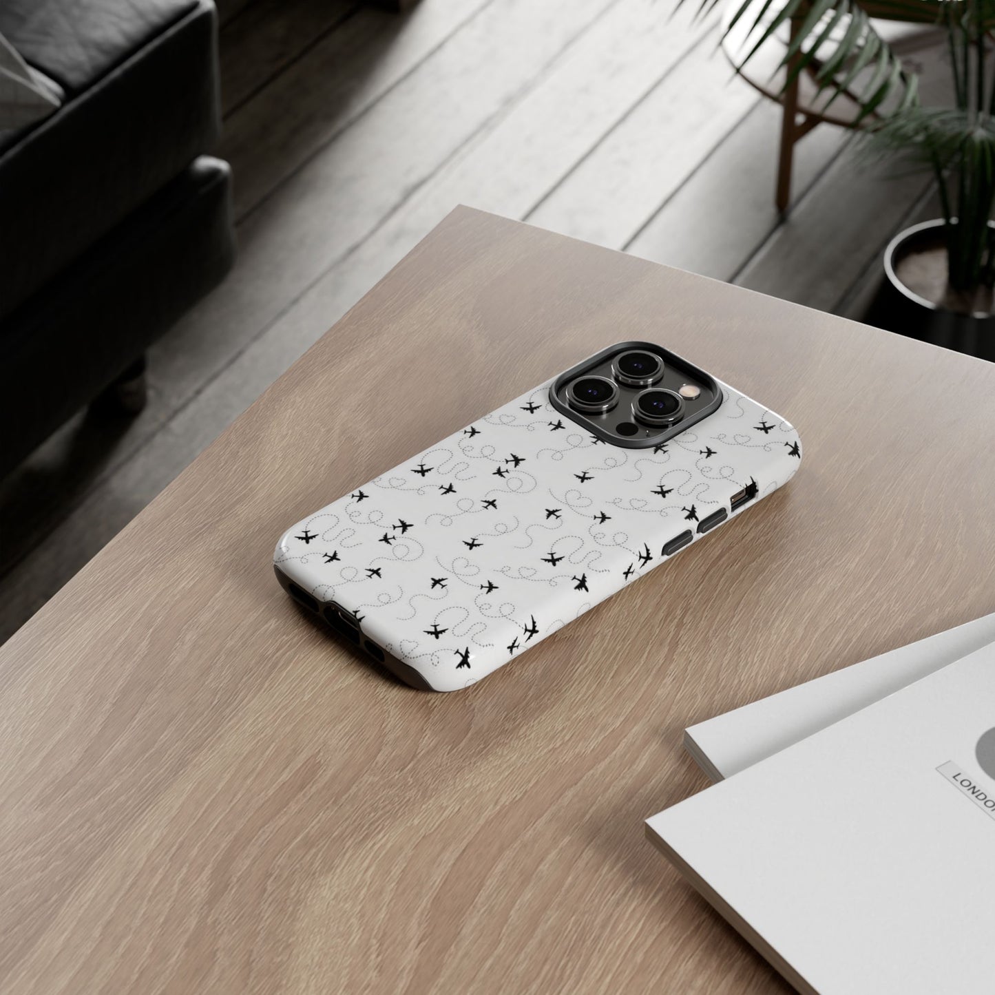 Minimal Paper Airplane Pattern Phone Case – Black White Aesthetic Tough Cover