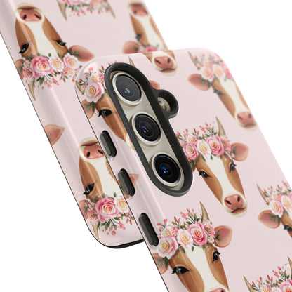 Floral Cow Phone Case – Cute Pink Cow Print Tough Protective Case for Iphone, Samsung Galaxy and Pixel