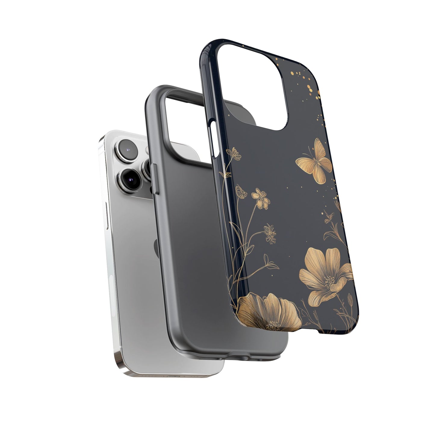 Gold Floral Butterfly Phone Case, Dark Aesthetic Botanical, Elegant Black Luxury iPhone Samsung Cover